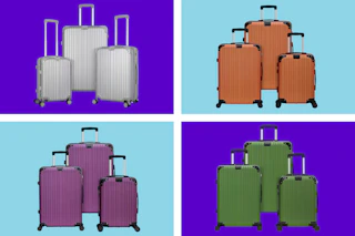 silver, orange, purple, and green luggage sets