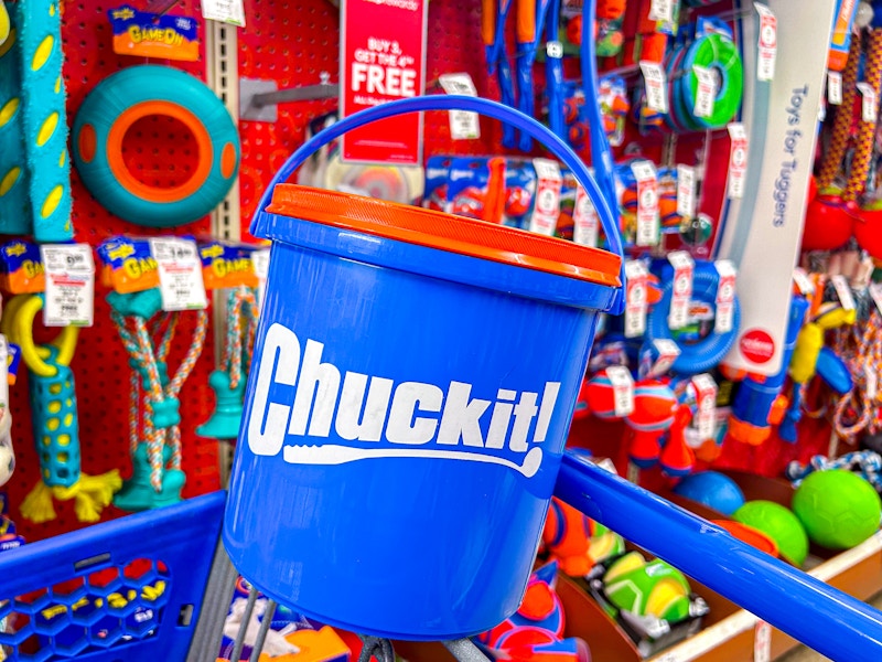 chuck it bucket in a cart in front of dog toys