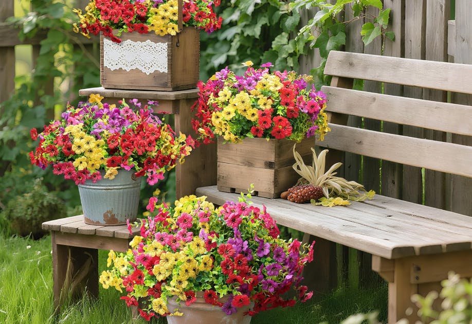 colorful flower bunches in buckets and small crate on wooden steps outside