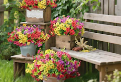 colorful flower bunches in buckets and small crate on wooden steps outside