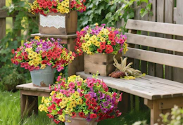 colorful flower bunches in buckets and small crate on wooden steps outside