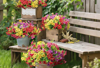 colorful flower bunches in buckets and small crate on wooden steps outside