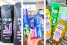 collage image of axe body wash, crest toothpaste, and garnier shampoo
