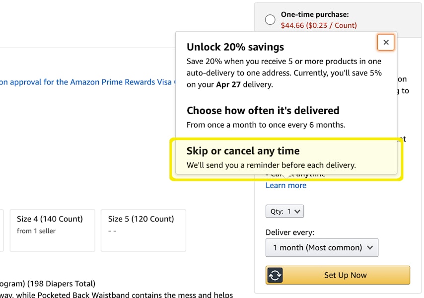 Screen shot of amazon product page with info about canceling subscribe and save any time highlighted in yellow.