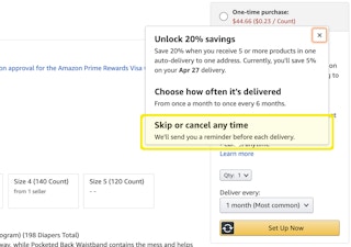 Screen shot of amazon product page with info about canceling subscribe and save any time highlighted in yellow.
