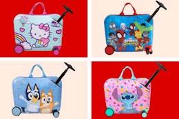 4 Kids' Ride-On Luggage Suitcases: Hello Kitty, Spidey, Bluey & Stitch