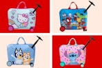 4 Kids' Ride-On Luggage Suitcases: Hello Kitty, Spidey, Bluey & Stitch
