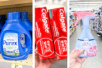 collage image of purex detergent, colgate toothpaste, and febreze fabric spray