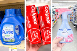 collage image of purex detergent, colgate toothpaste, and febreze fabric spray