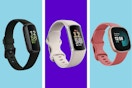 Three different Fitbits on a blue and purple collage background. 