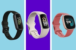 Three different Fitbits on a blue and purple collage background. 