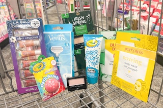shopping cart with la colors, burt's bees, crayola, irish spring, maybelline, and venus products