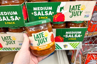 hand holding late july salsa at dollar tree