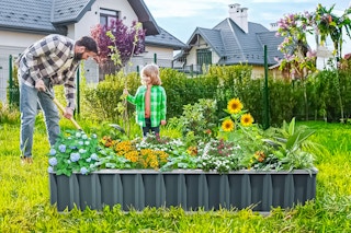 Lifestyle image of father and child planting in the King Bird Raised Garden Bed