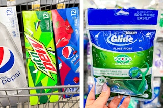 collage with soda and scope floss picks