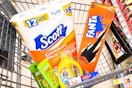 scott toilet paper, fanta soda, garnier shampoo, tide simply, and food storage bags in a cart