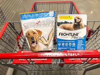 cart with frontline plus for dogs and a bag of dog treats