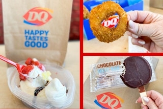 Three images of dairy queen menu items, banana split, dilly bar, and onion rings 