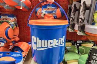 person holding a bucket of chuck it dog toys