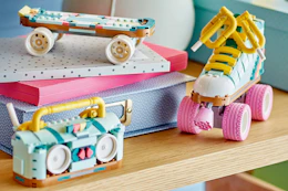 Lego roller skate creations being displayed