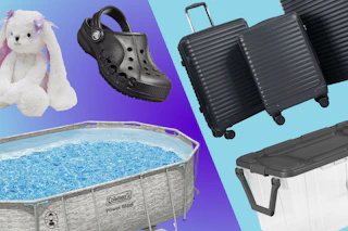 plush bunny, black crocs, sterilite storage, coleman pool, black luggage