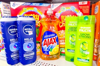 nivea body wash, ajax dish soap, garnier shampoo,and lucky charms cereal