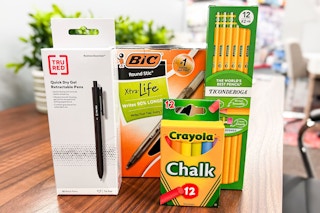 table with tru red, crayola, ticonderoga, and bic items