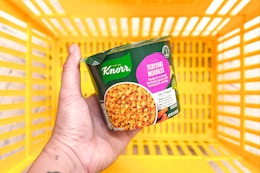 hand holding a knorr pasta cup above a yellow shopping basket