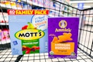 annie's cheddar bunnies crackers and mott's fruit snacks in a shopping cart