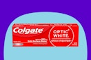 Colgate Optic White Stain Fighter Teeth Whitening Toothpaste on a blue background.