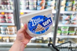 hand holding a tub of blue bunny soft frozen dessert