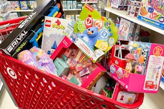 Various toy items in Target shopping cart
