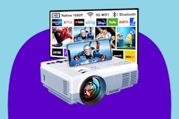 FUDONI Bluetooth 4K Projector on a blue background.