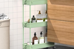 a storage cart in a corner