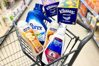 shopping cart with haul purex, crest, kleenex, softsoap