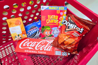 good & gather coffee, oreos, lucky charms, doritos, and coca-cola in a cart