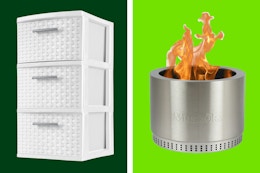 white sterilite storage tower and moskaka smokeless fire pit