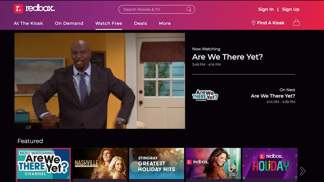 A screenshot of the Redbox website's Watch Free page displaying Featured content.