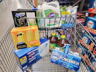 cleaning supplies in a cart