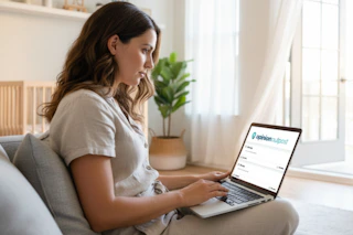a woman using opinion outpost on her laptop