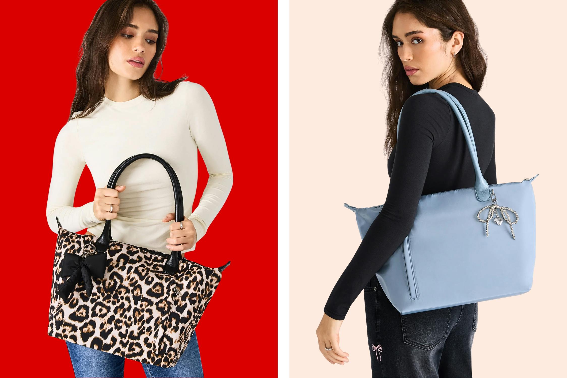 Fashion model wearing the Leopard + Blue No Boundaries Tote Bags 