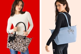 Fashion model wearing the Leopard + Blue No Boundaries Tote Bags