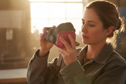a woman holding a half respirator