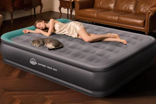 a person laying on an air mattress 