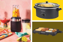 hamilton beach slow cooker, blender set, and griddle side by side