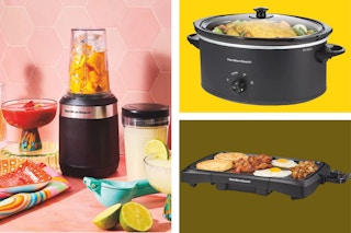 hamilton beach slow cooker, blender set, and griddle side by side