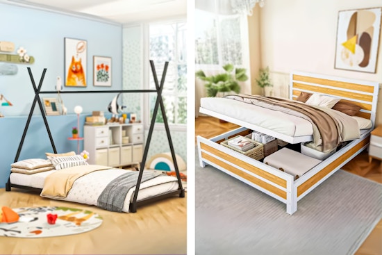Two lifestyle images of bed frames from Home Depot