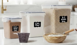 containers full of flour, sugar, and brown rice 