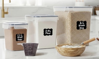 containers full of flour, sugar, and brown rice