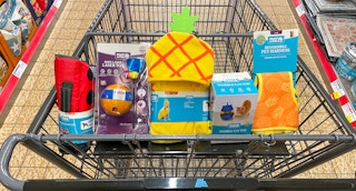variety of pet items in a cart at aldi